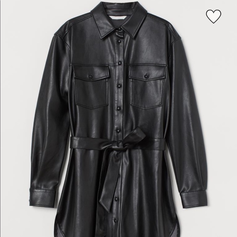 Black faux leather shirt dress